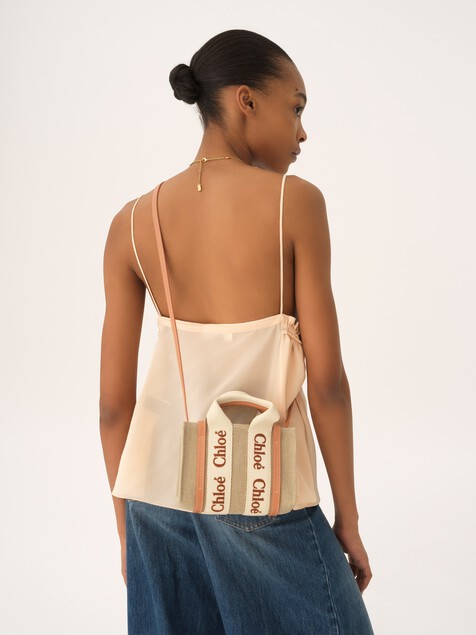 Mini Woody tote bag in linen & leather