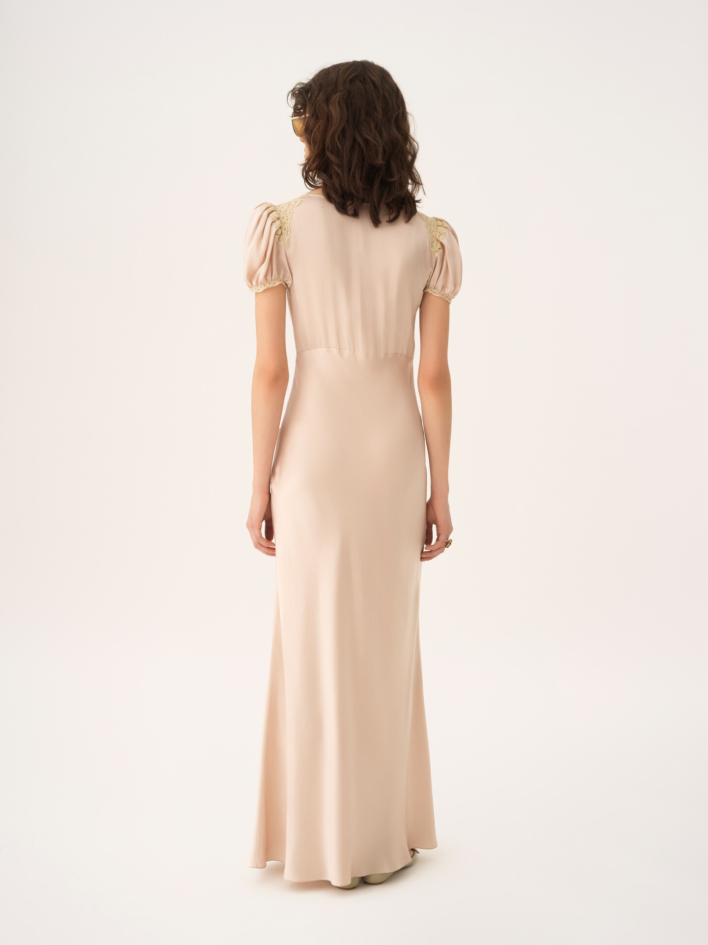 Puff-sleeve column dress in washed silk satin & lace - 5