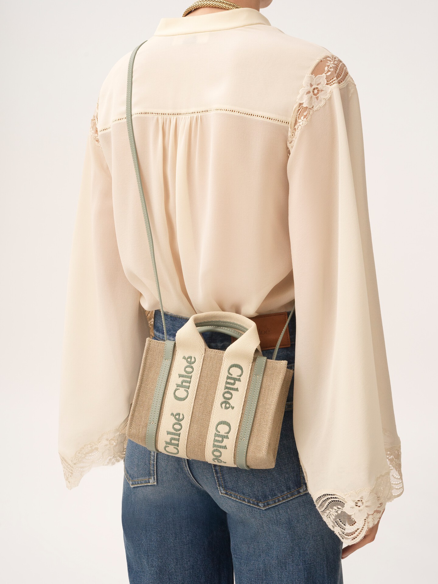 Mini Woody tote bag in linen & leather - 3