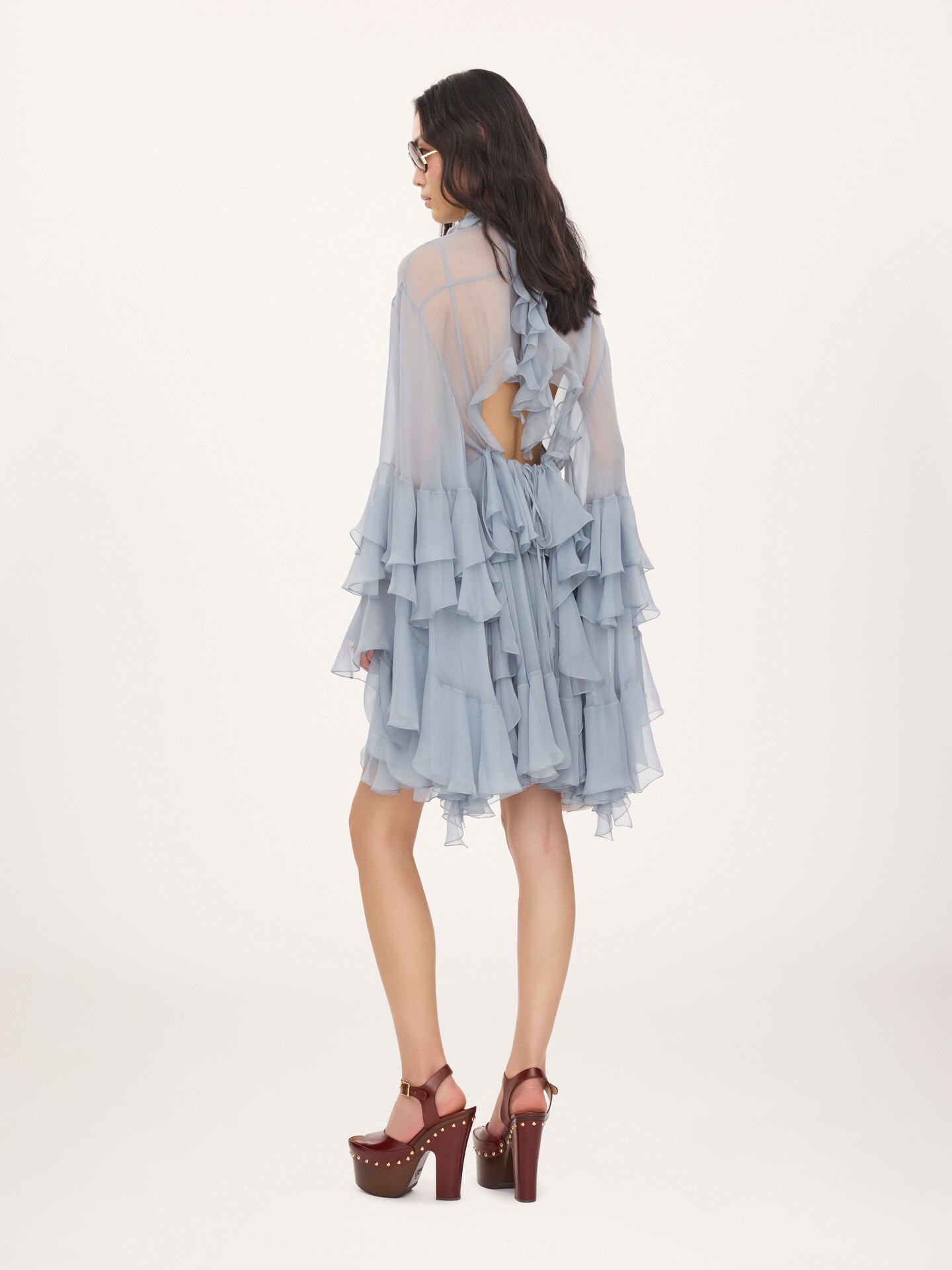 Ruffled mini dress in silk mousseline - 4