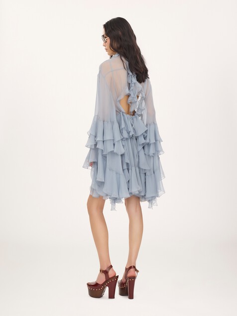 Ruffled mini dress in silk mousseline