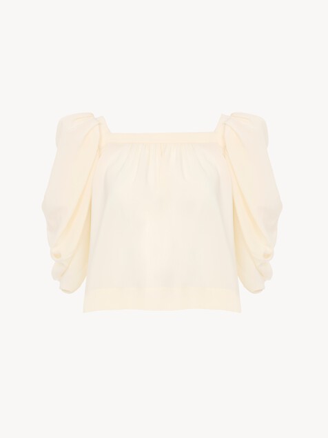 Puff-sleeve pleated top in cr&ecirc;pe de chine