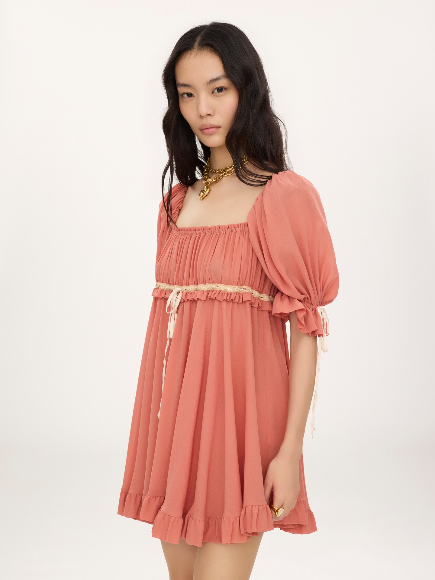 Puff-sleeve mini dress in silk georgette - 4