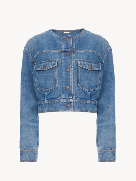 Collarless cropped denim jacket