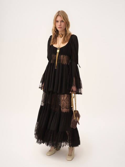 Scoop-neck puff-sleeve top in silk georgette & lace