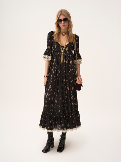 Scoop-neck midi dress in silk charmeuse & lace