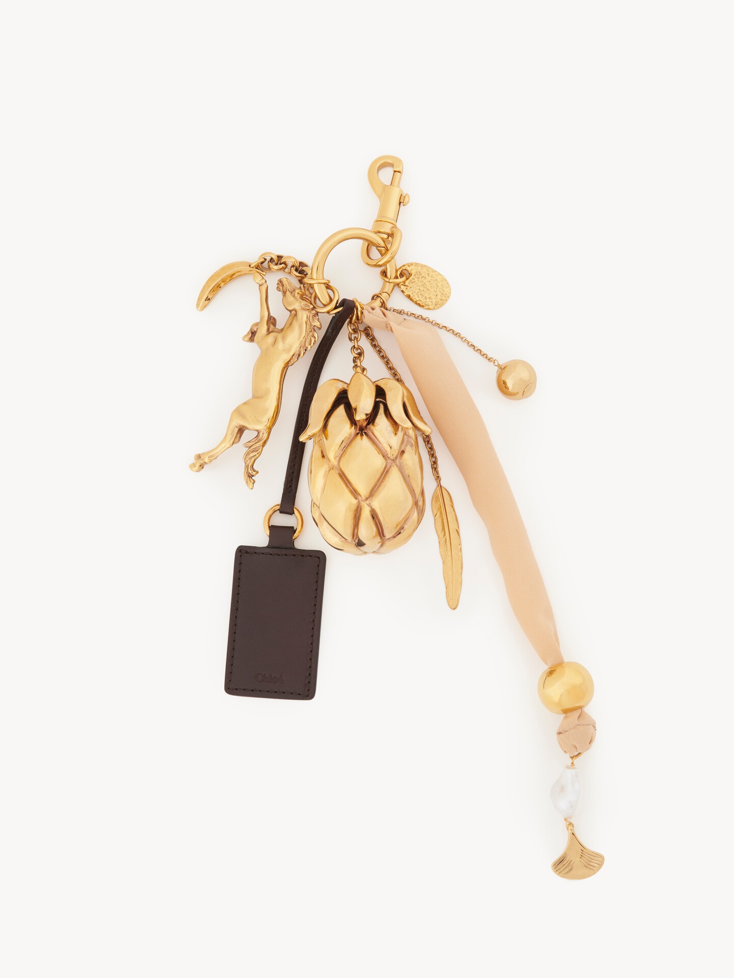 Giga pineapple bag charm in brass, leather & fabric - 2
