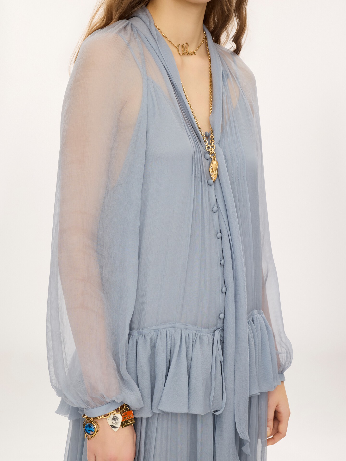 Fluid long dress in silk mousseline with lavalli&egrave;re tie - 6
