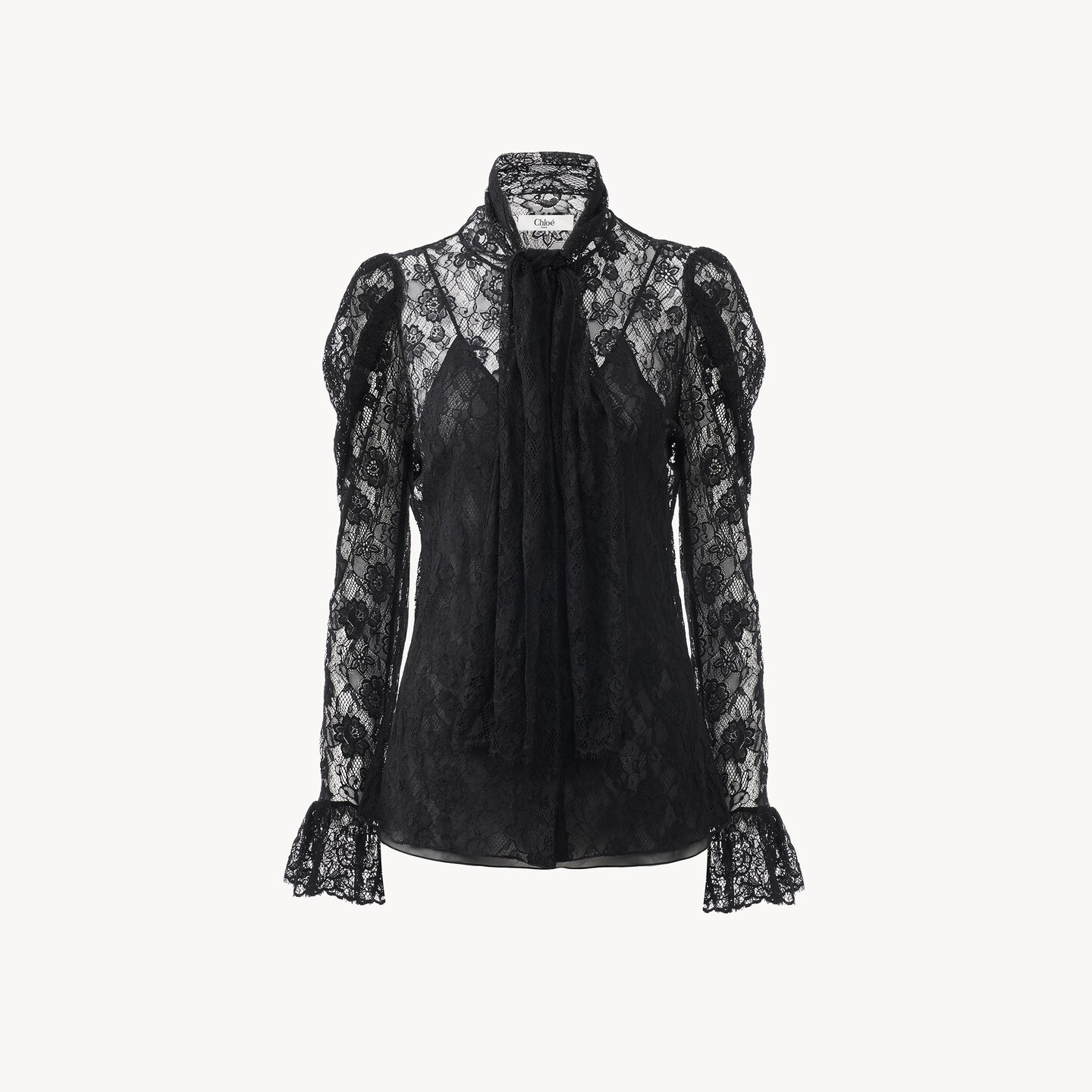 Puff-sleeve lavallière top in floral lace jacquard - 8