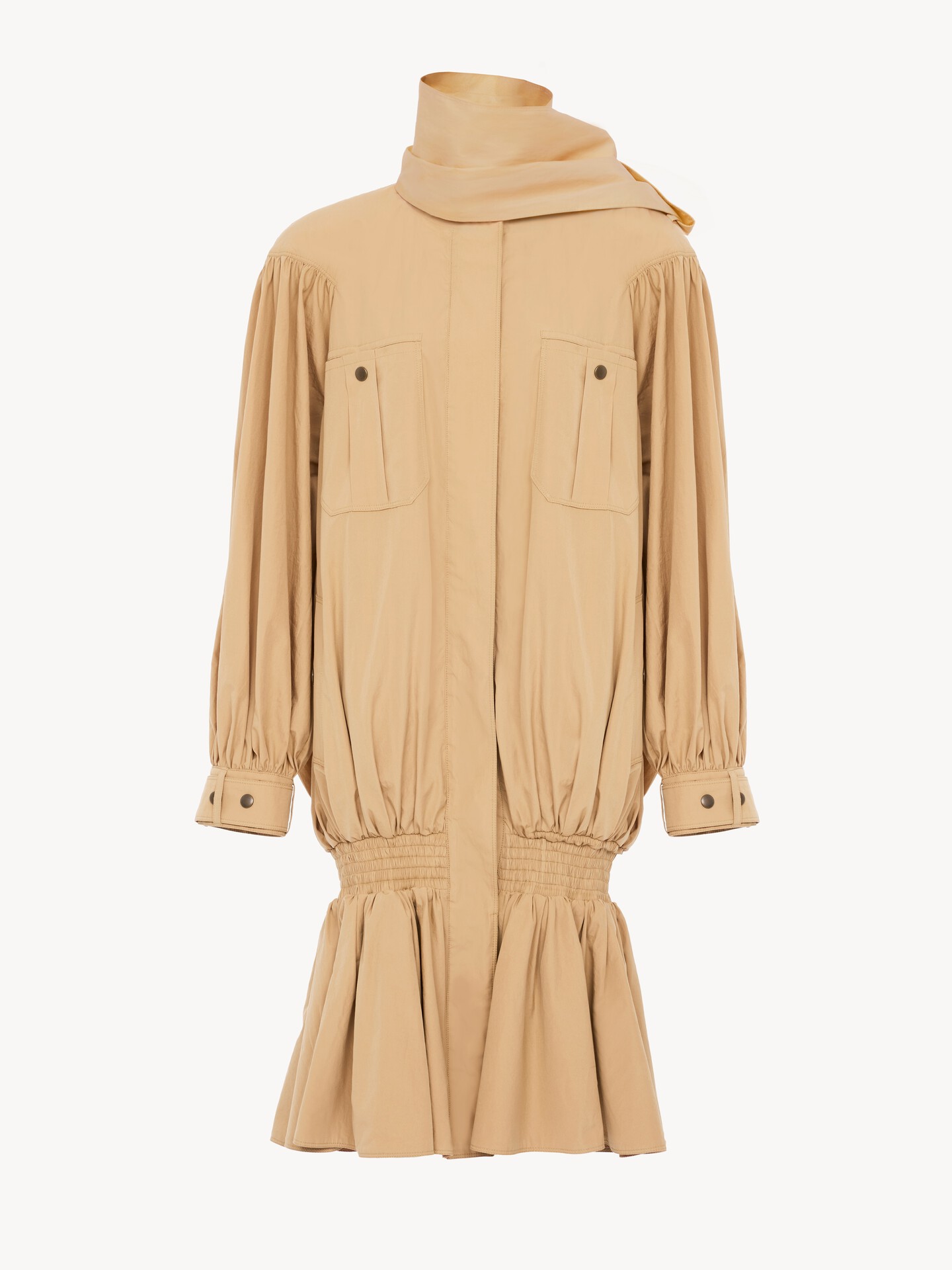 High-neck gathered trench coat in cotton poplin - 2