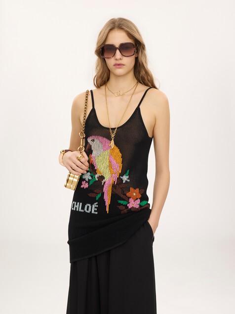 Thin-strap fitted logo mini dress in a cotton mesh knit