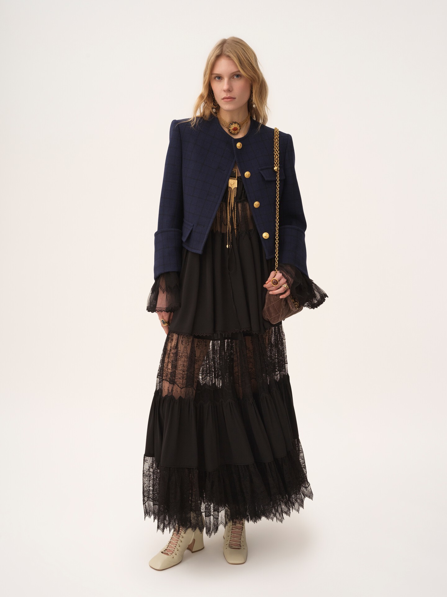 Tiered long skirt in silk georgette & lace - 3