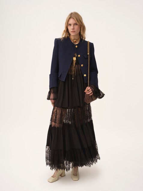Tiered long skirt in silk georgette & lace
