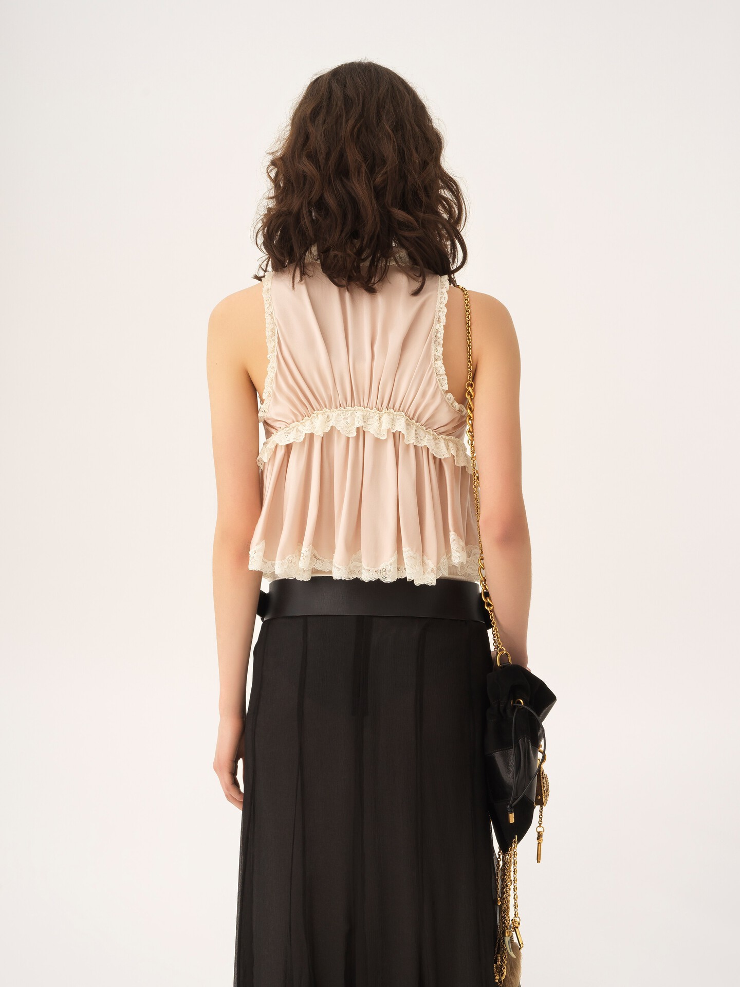 Tie-front sleeveless top in washed silk satin & lace - 6