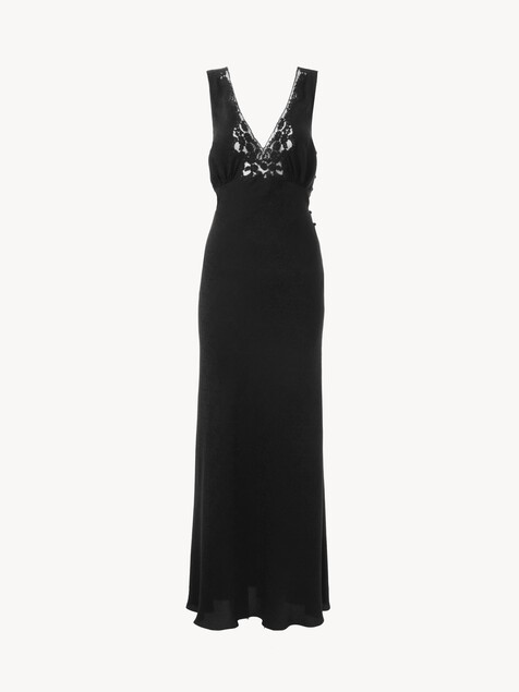 Sleeveless column dress in silk jacquard & lace