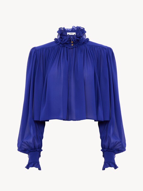 Maxi gathered high-neck top in silk georgette