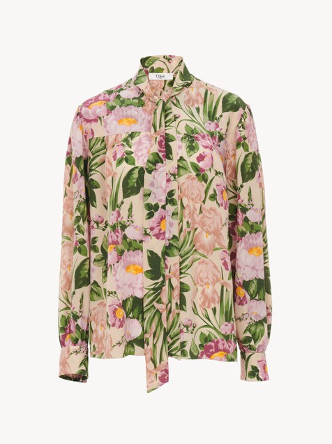 Maxi gathered lavallière blouse in crêpe de chine
