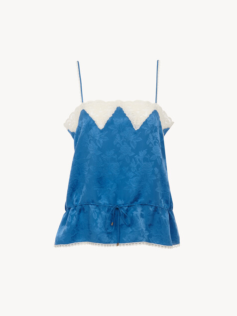 Drawstring camisole top in silk jacquard & lace