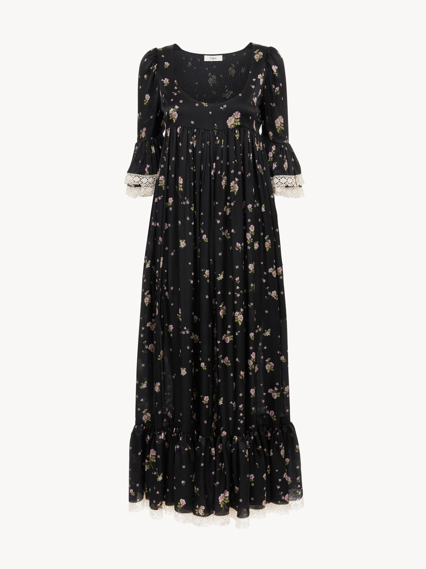 Scoop-neck midi dress in silk charmeuse & lace - 1