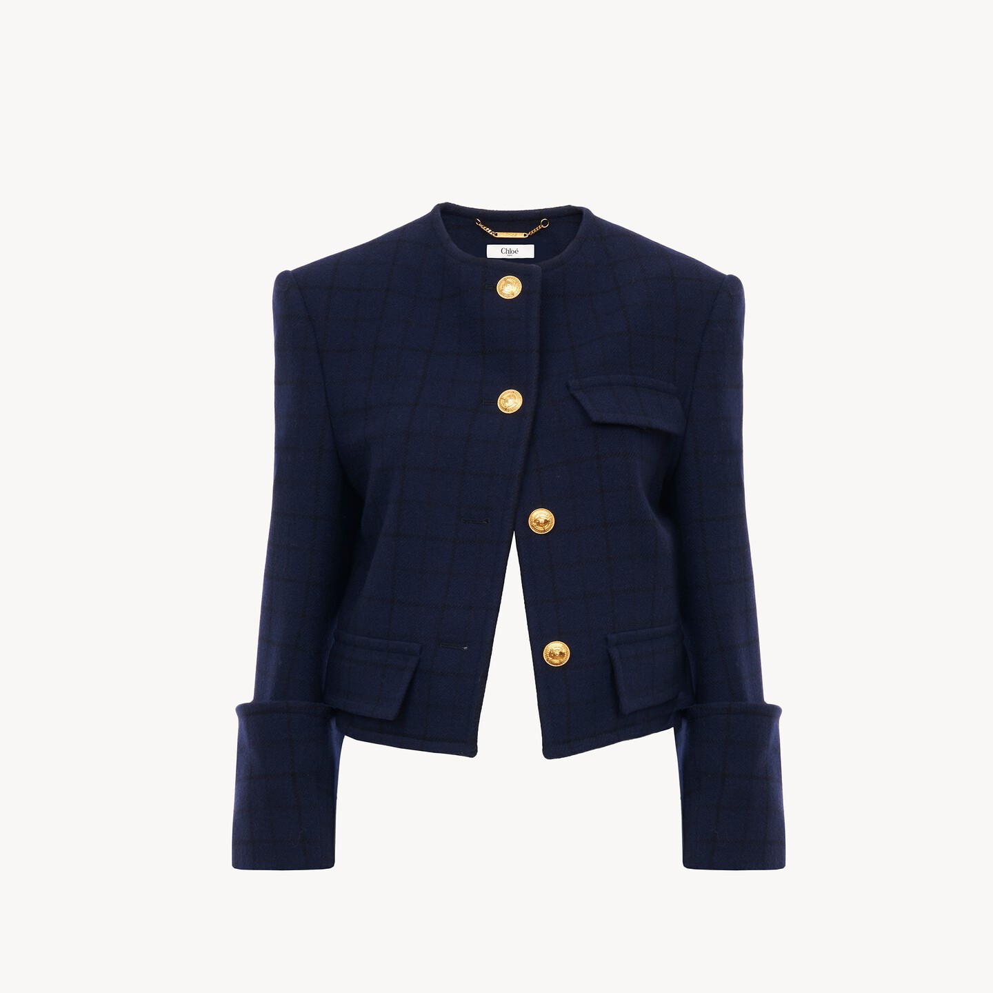 Boxy collarless jacket in wool check - 7
