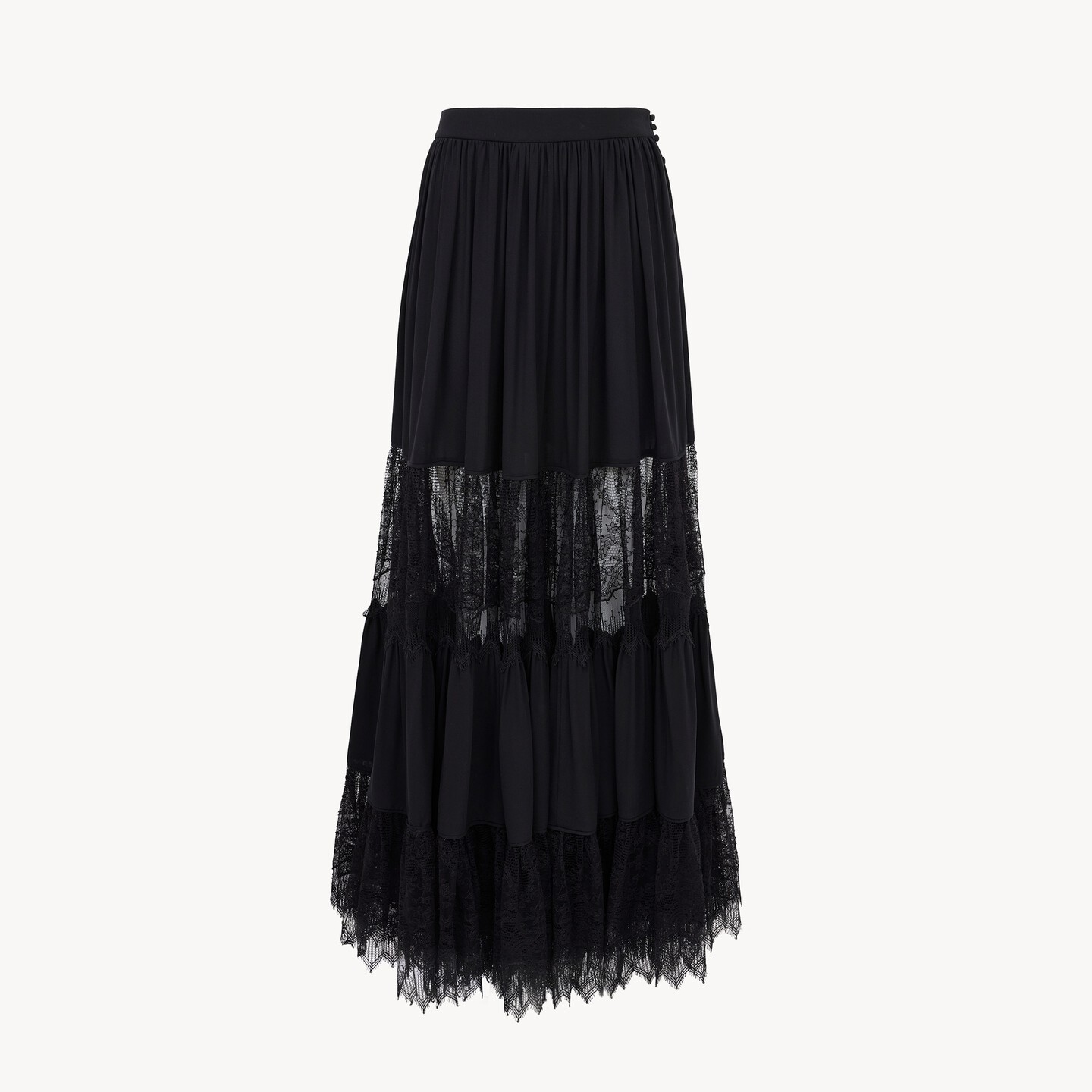 Tiered long skirt in silk georgette & lace - 8