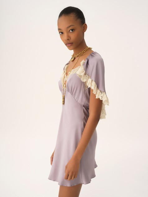 Mini cape dress in washed silk satin & lace