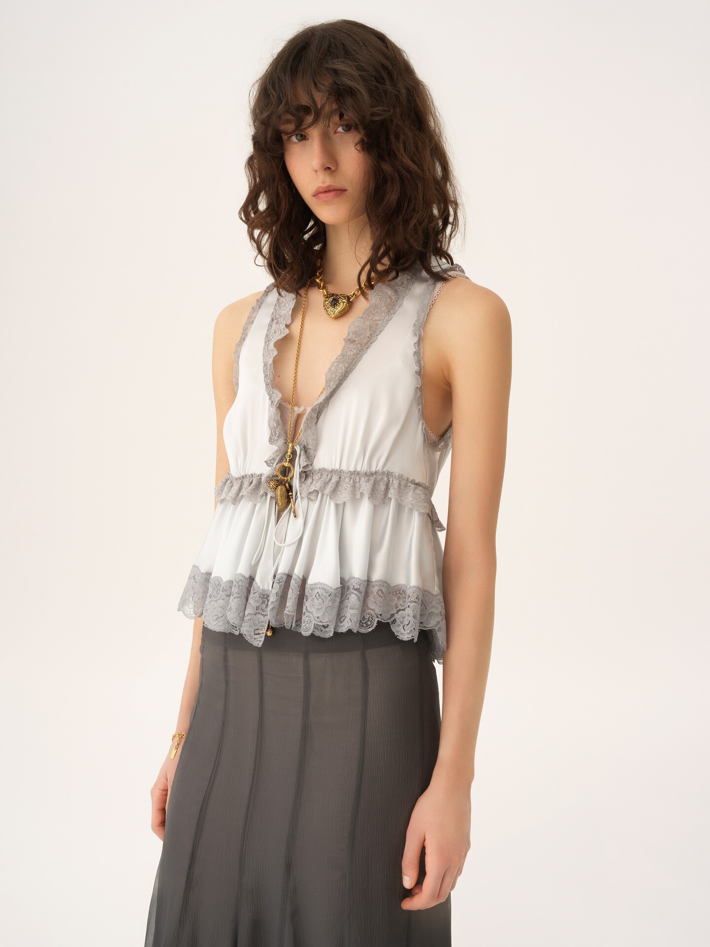 Tie-front sleeveless top in washed silk satin & lace - 4