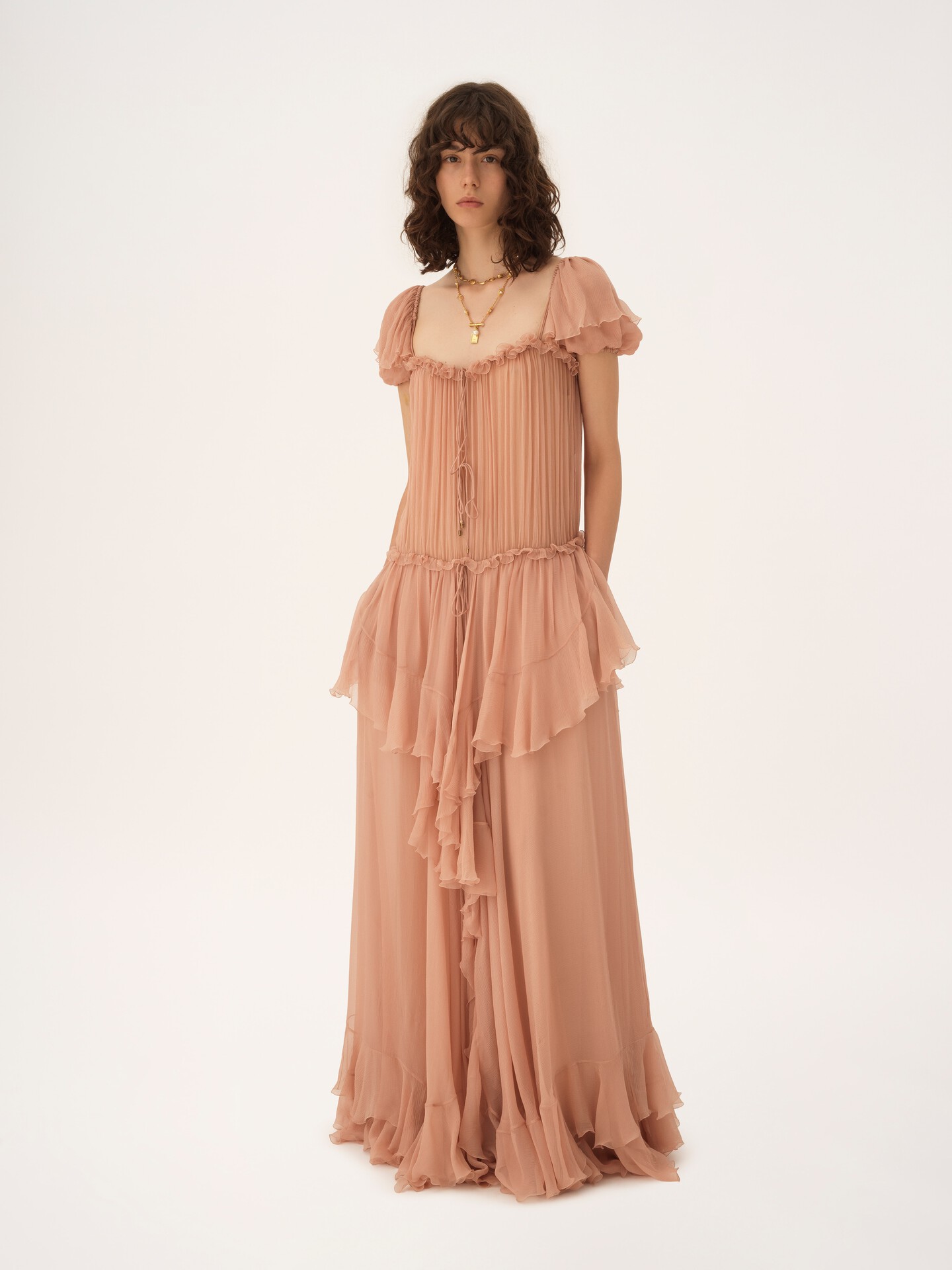 Gathered long ruffled dress in silk mousseline - 3