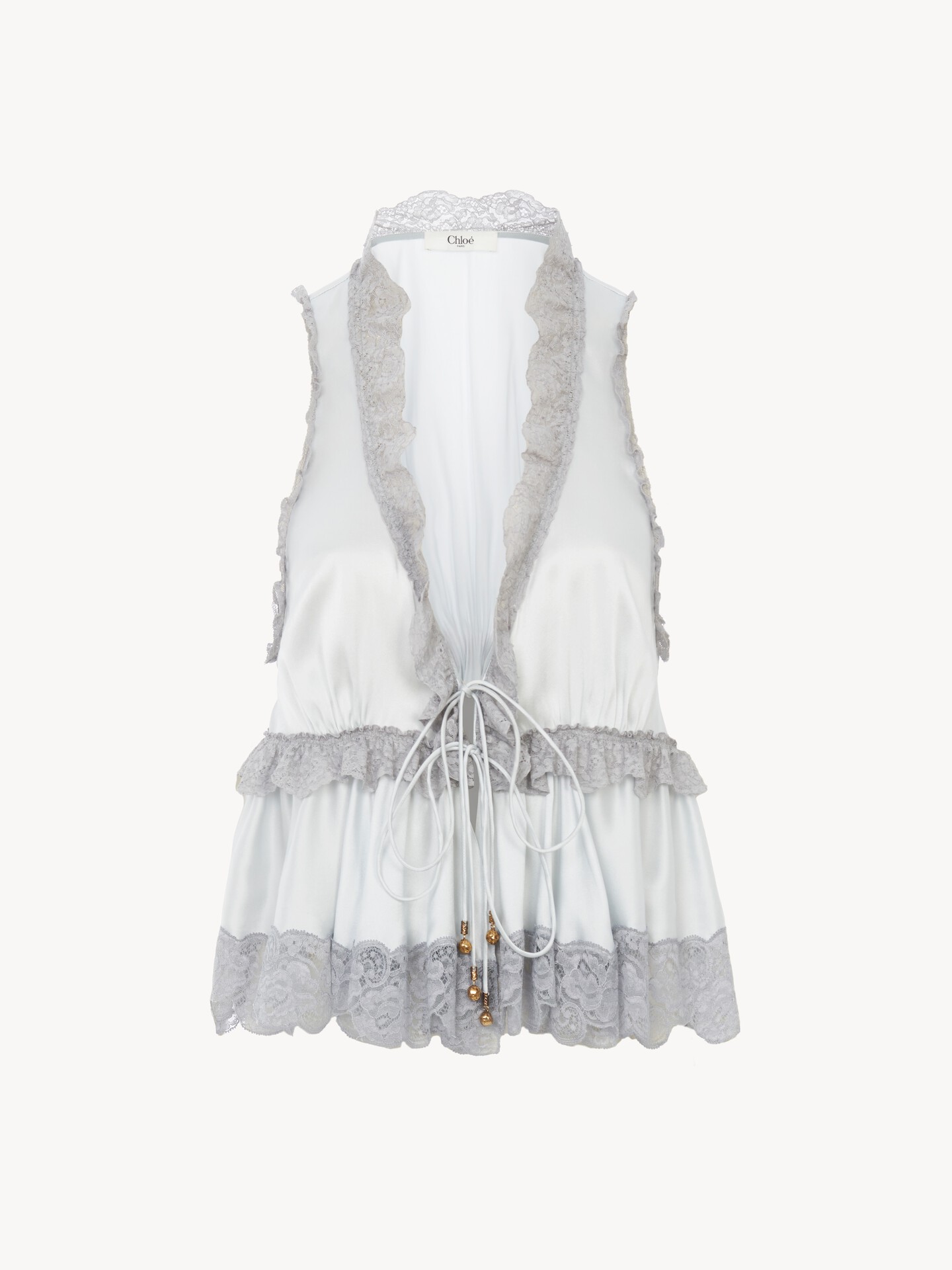 Tie-front sleeveless top in washed silk satin & lace - 2