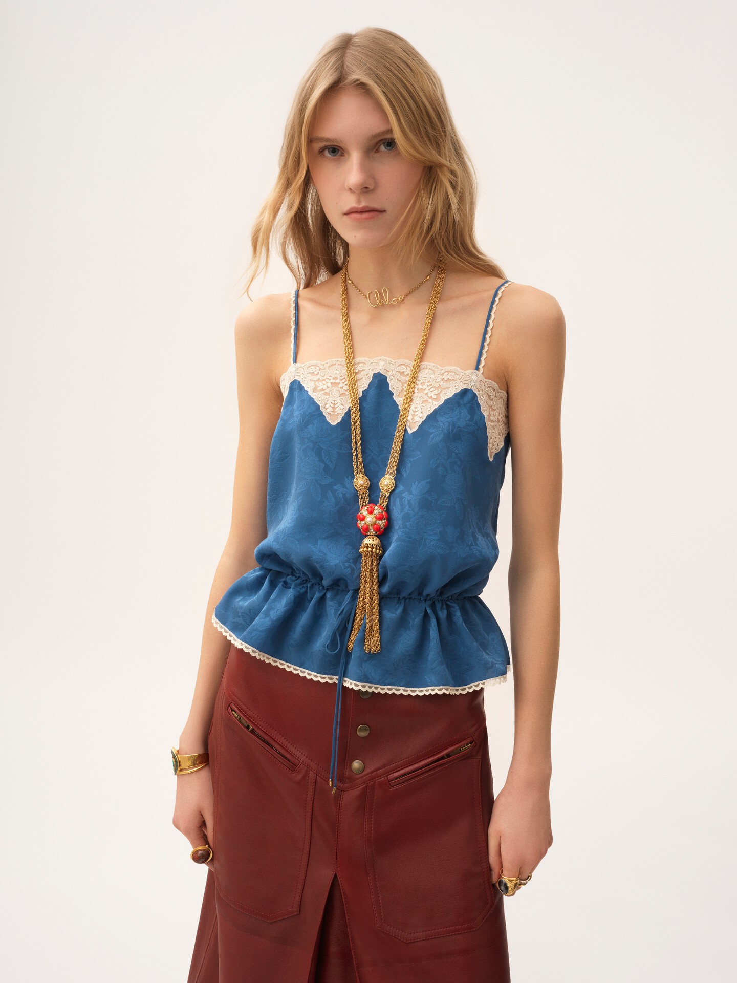 Drawstring camisole top in silk jacquard & lace - 4