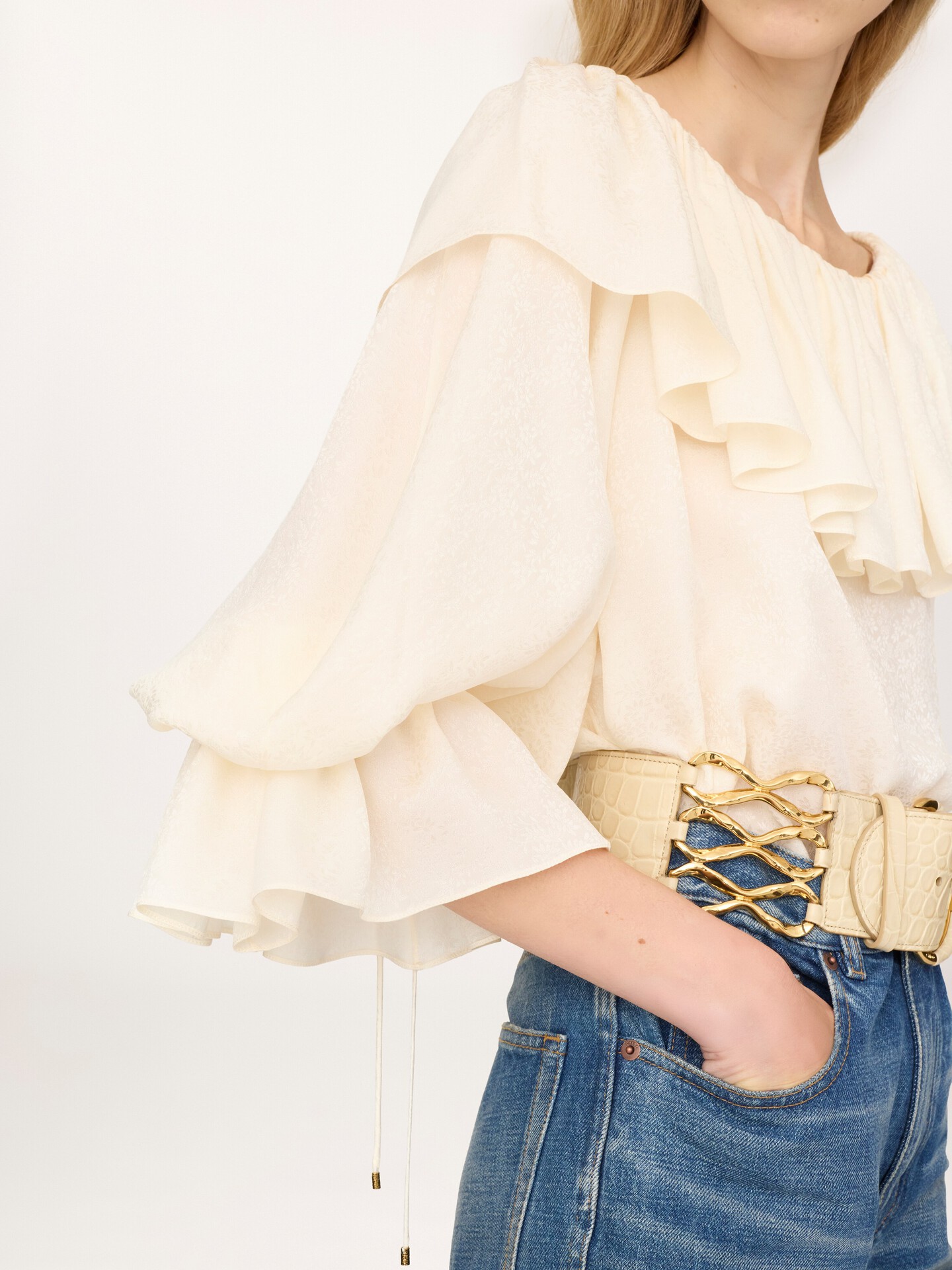 Ruffled flowy top in silk jacquard - 5