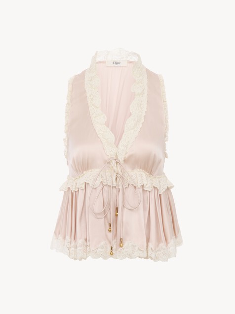Tie-front sleeveless top in washed silk satin & lace