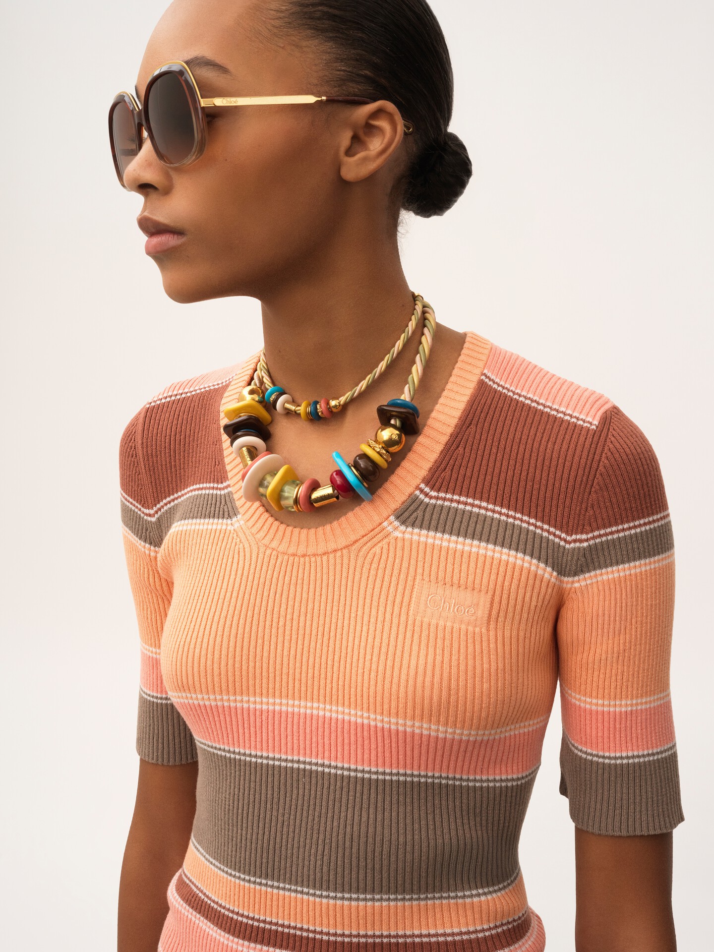 Elbow-sleeve fitted logo top in cotton knit - 6