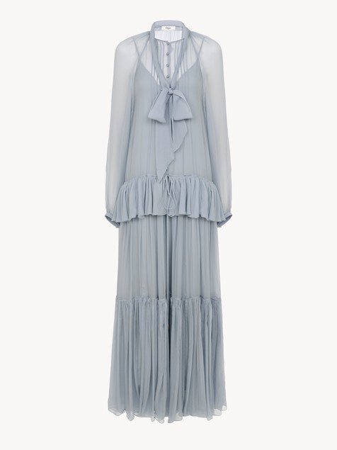 Fluid long dress in silk mousseline with lavalli&egrave;re tie