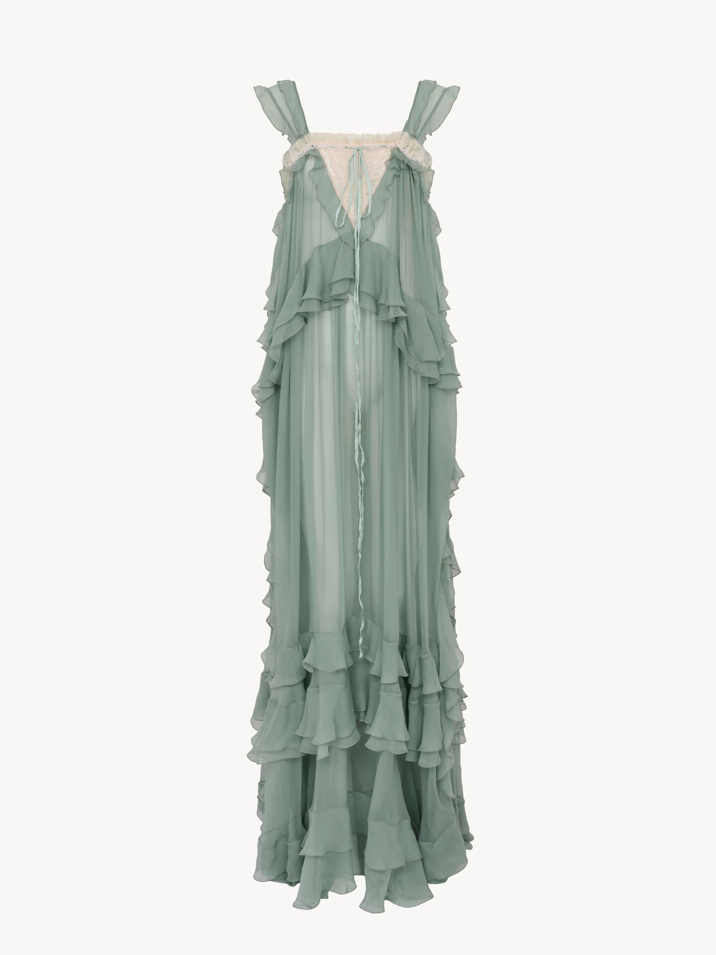 Sleeveless layered long dress in silk mousseline & lace - 2