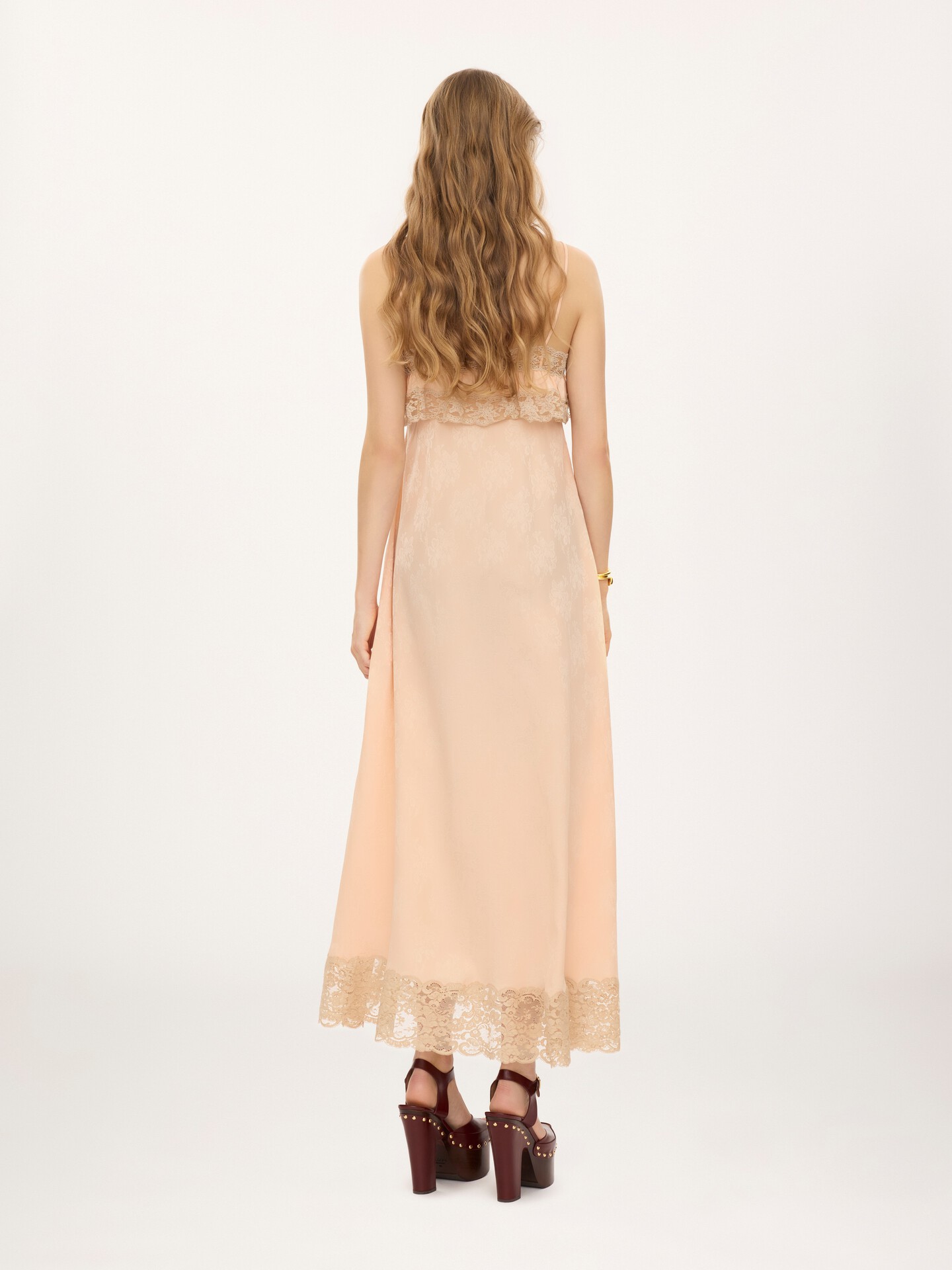 Thin-strap long dress in silk jacquard & lace - 4