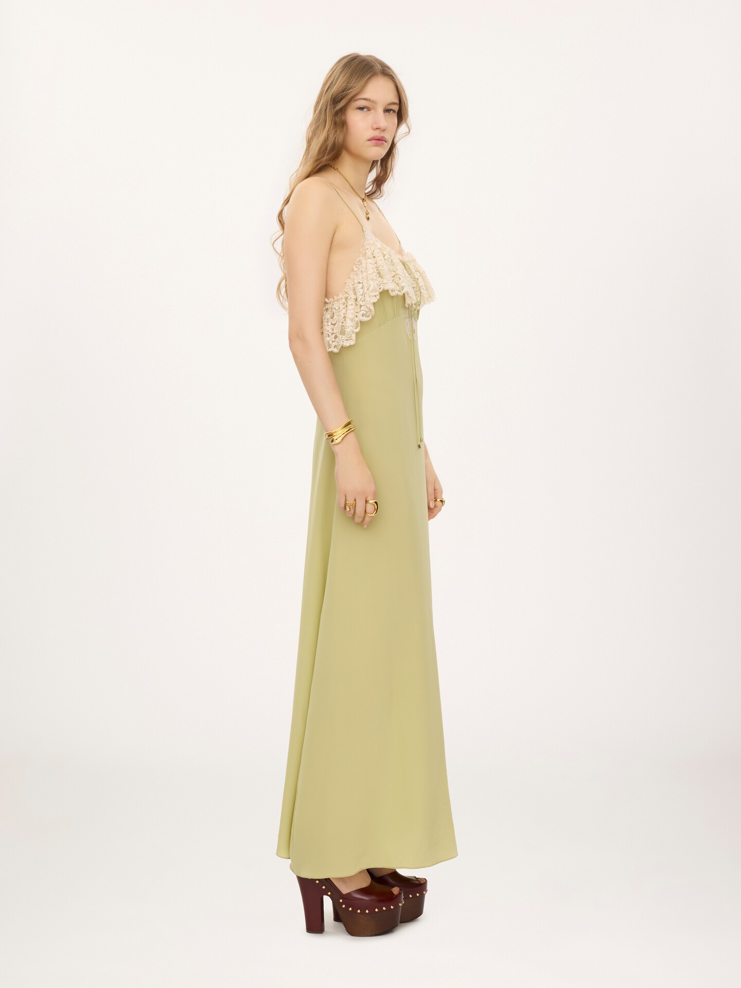 Thin-strap long dress in cr&ecirc;pe de chine & lace - 5