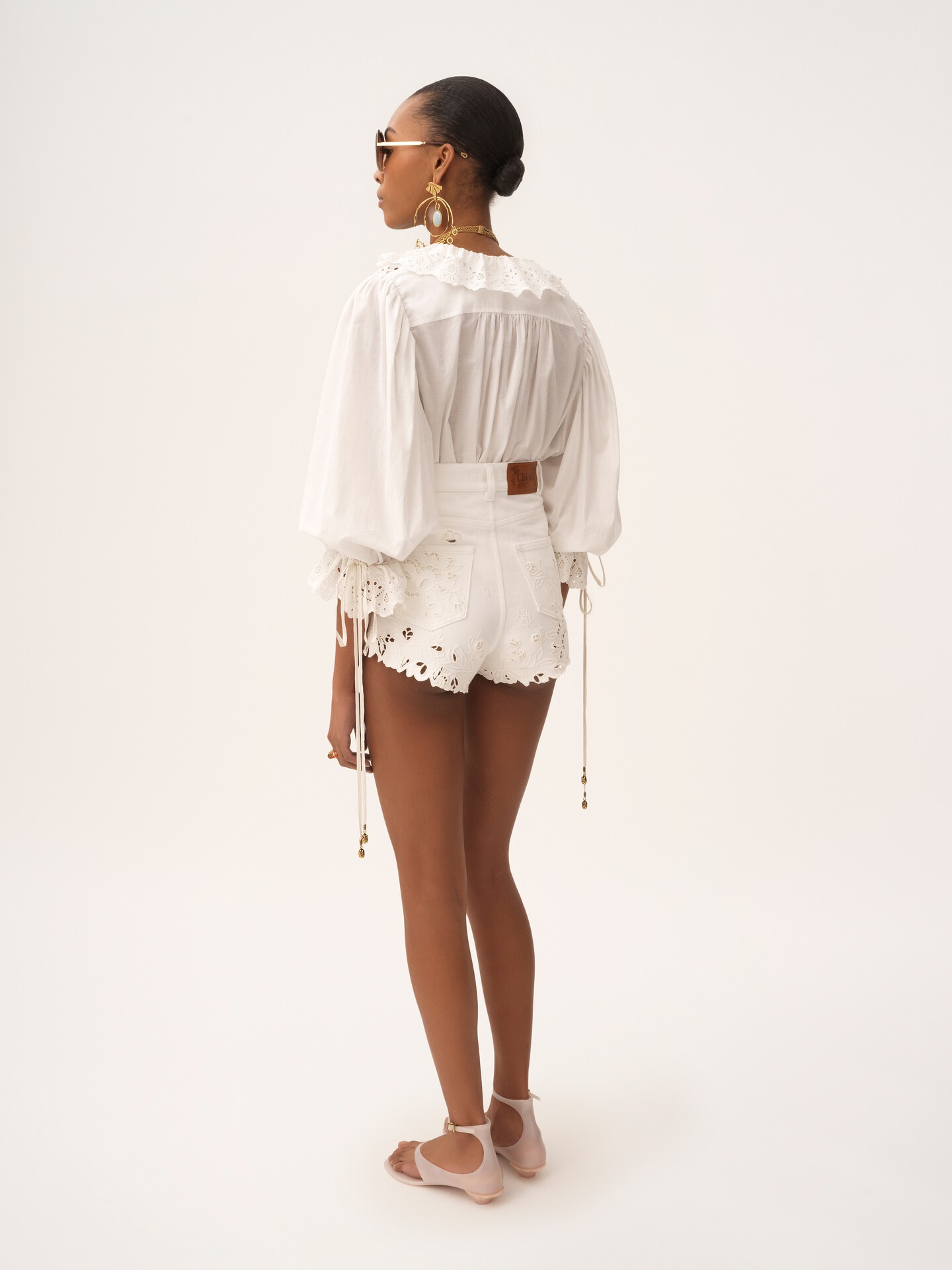 Puff-sleeve V-neck top in cotton voile - 5