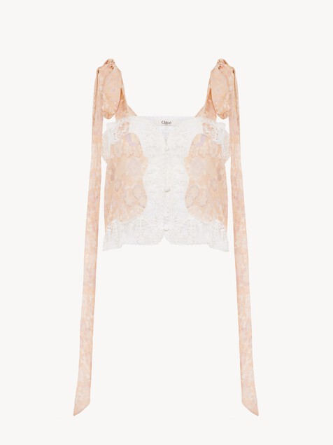Tie-strap cropped top in silk charmeuse & lace