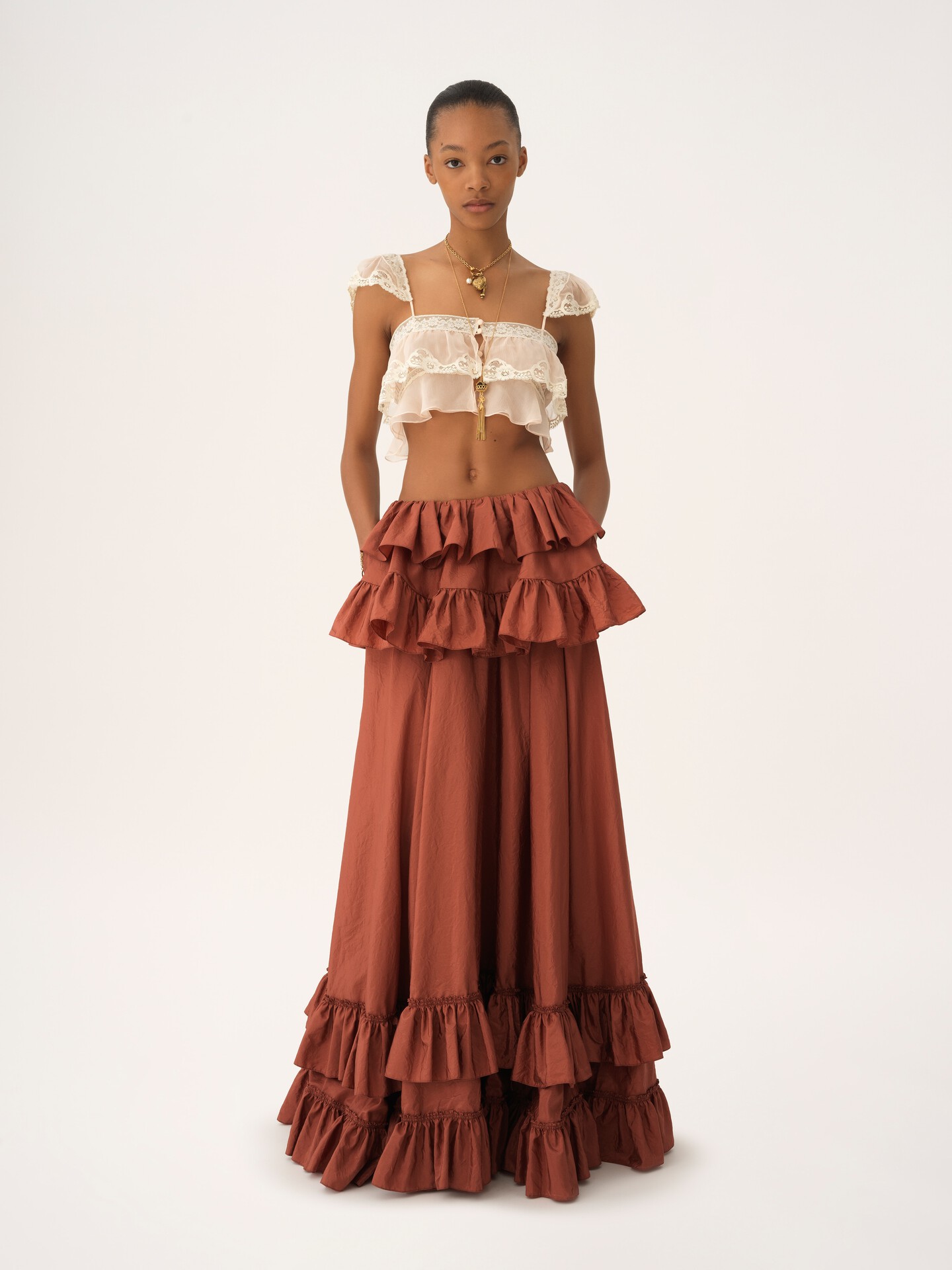 Ruffled bralette in silk mousseline & lace - 3