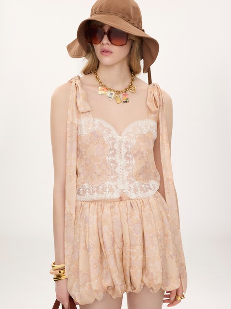 Tie-strap cropped top in silk charmeuse & lace