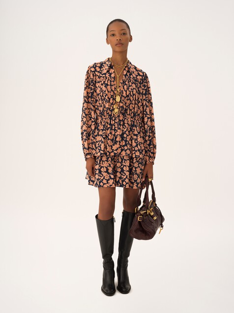 Gathered midi dress in cr&ecirc;pe de chine