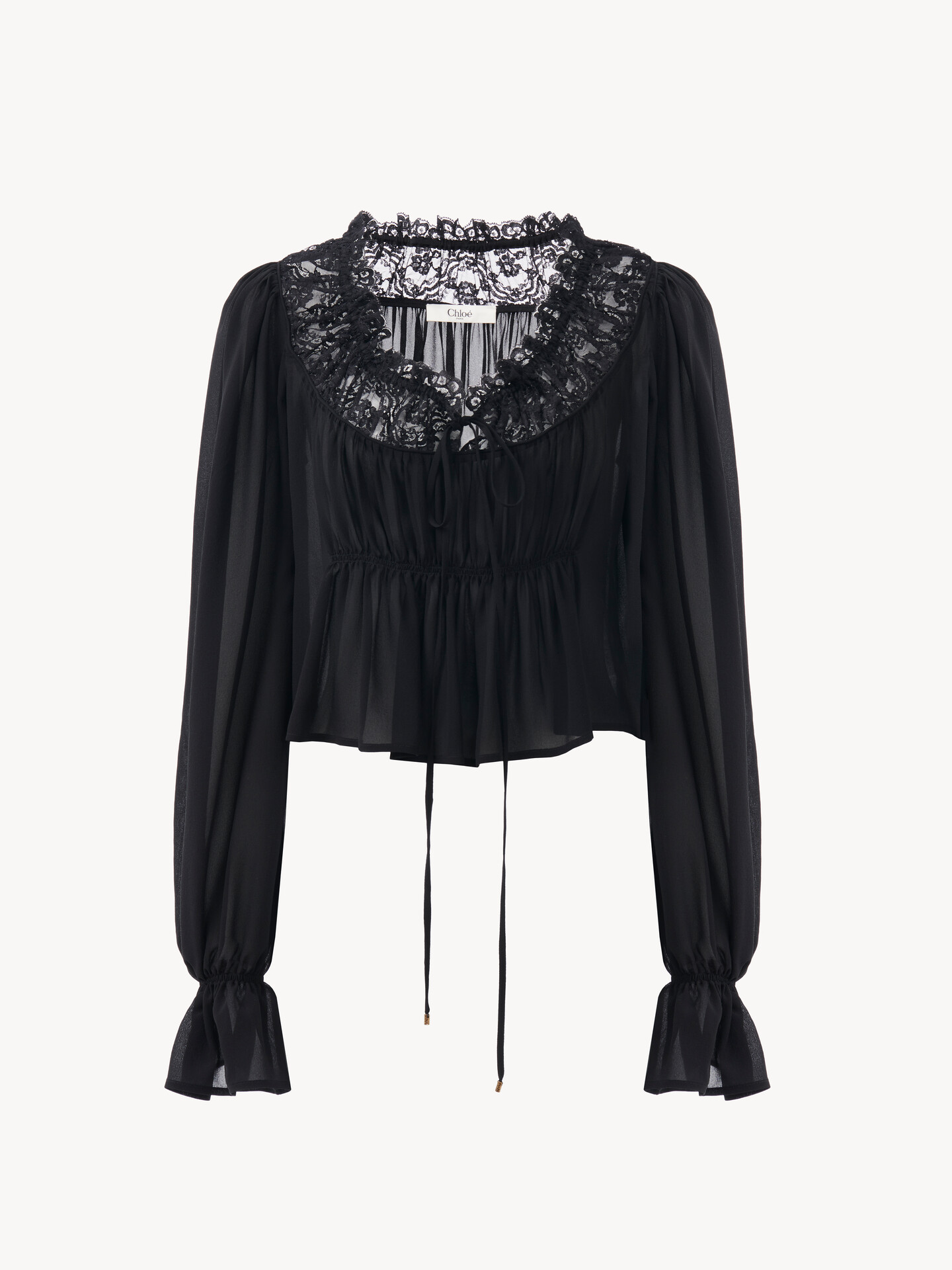 Scoop-neck cropped top in silk georgette & lace - 2