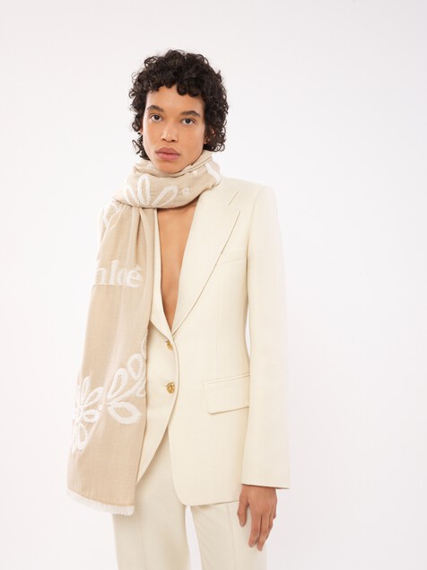 Rectangular stole in wool & silk broderie anglaise