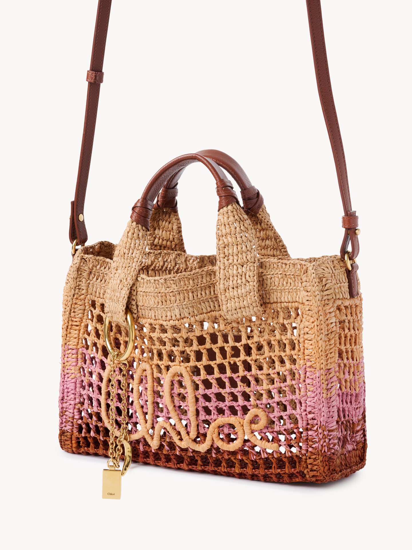 Small Summer Banana east-west tote bag with strap in raffia - 4