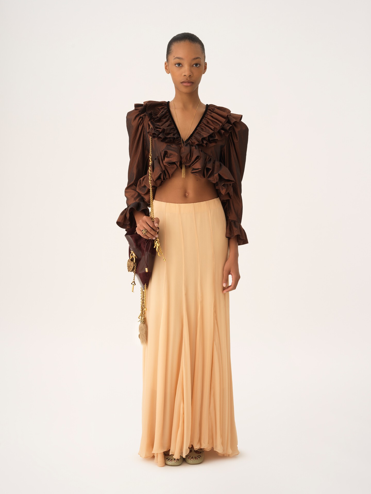 Cropped V-neck ruffle top in washed silk taffeta - 2