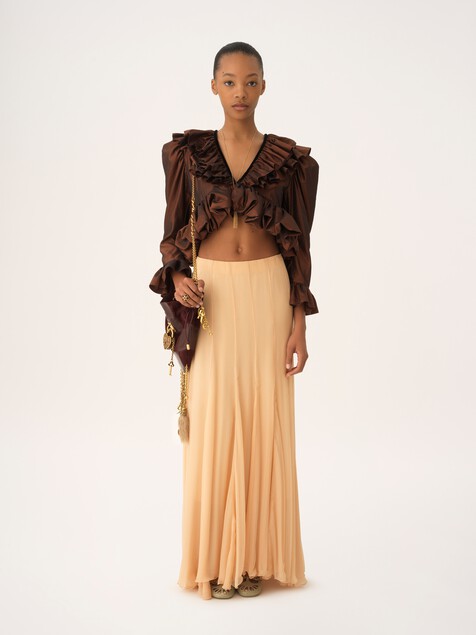 Cropped V-neck ruffle top in washed silk taffeta