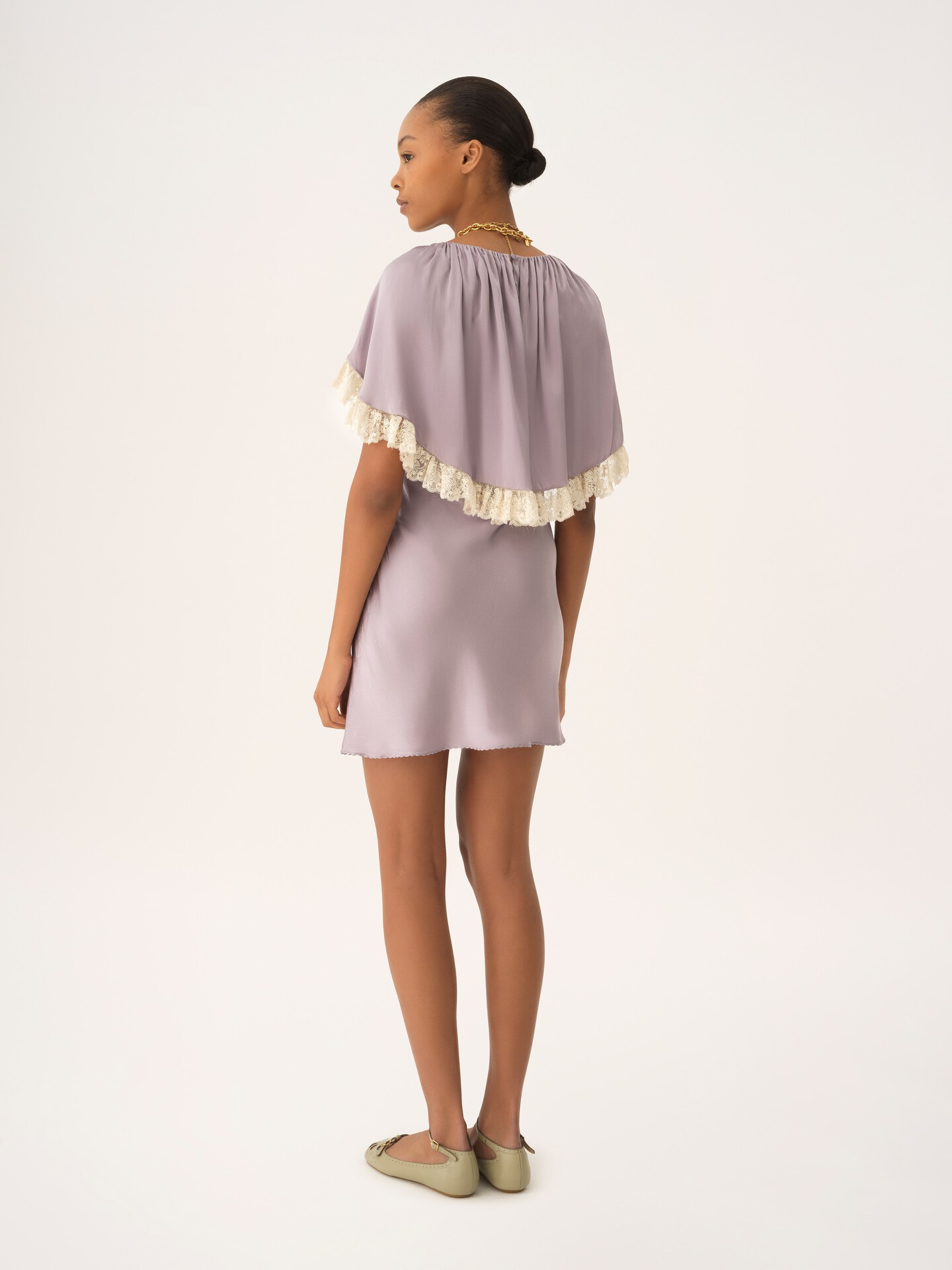 Mini cape dress in washed silk satin & lace - 5