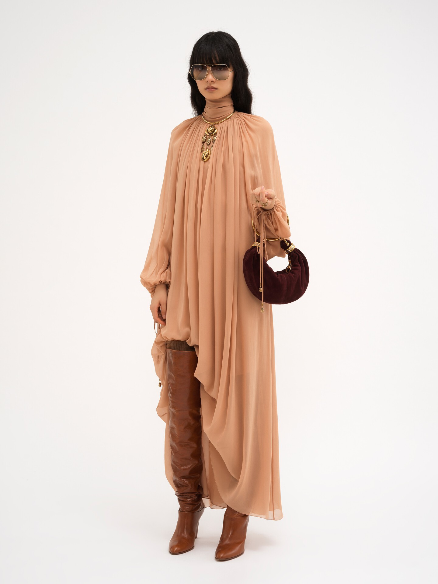 Mock-neck gathered long dress in silk georgette - 8