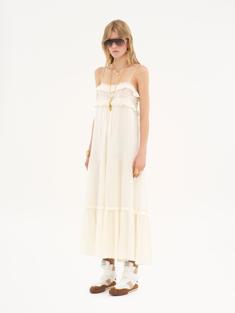 Sleeveless long dress in silk charmeuse